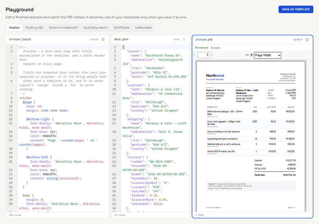 The Stencilry Playground: the invoice template, its JSON payload and the rendered PDF side by side.